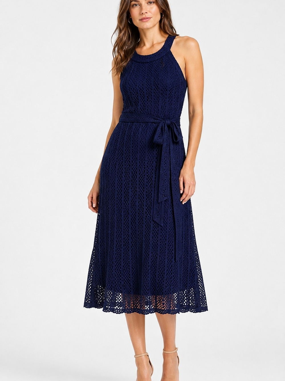 NWT Karl Lagerfeld Paris Navy Crochet Lace Midi Belted Dress